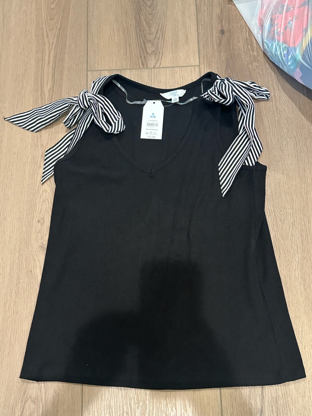 Time and Tru Black Tank Top with Striped Tie-Shoulder Bows